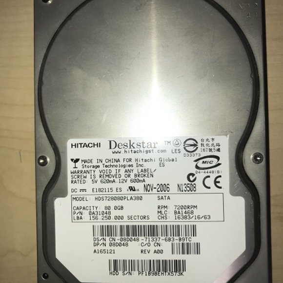 Hitachi GST Deskstar 7K80 HDS728080PLA380 0A30356 80GB 7200 RPM 8MB Cache - Picture 1 of 2